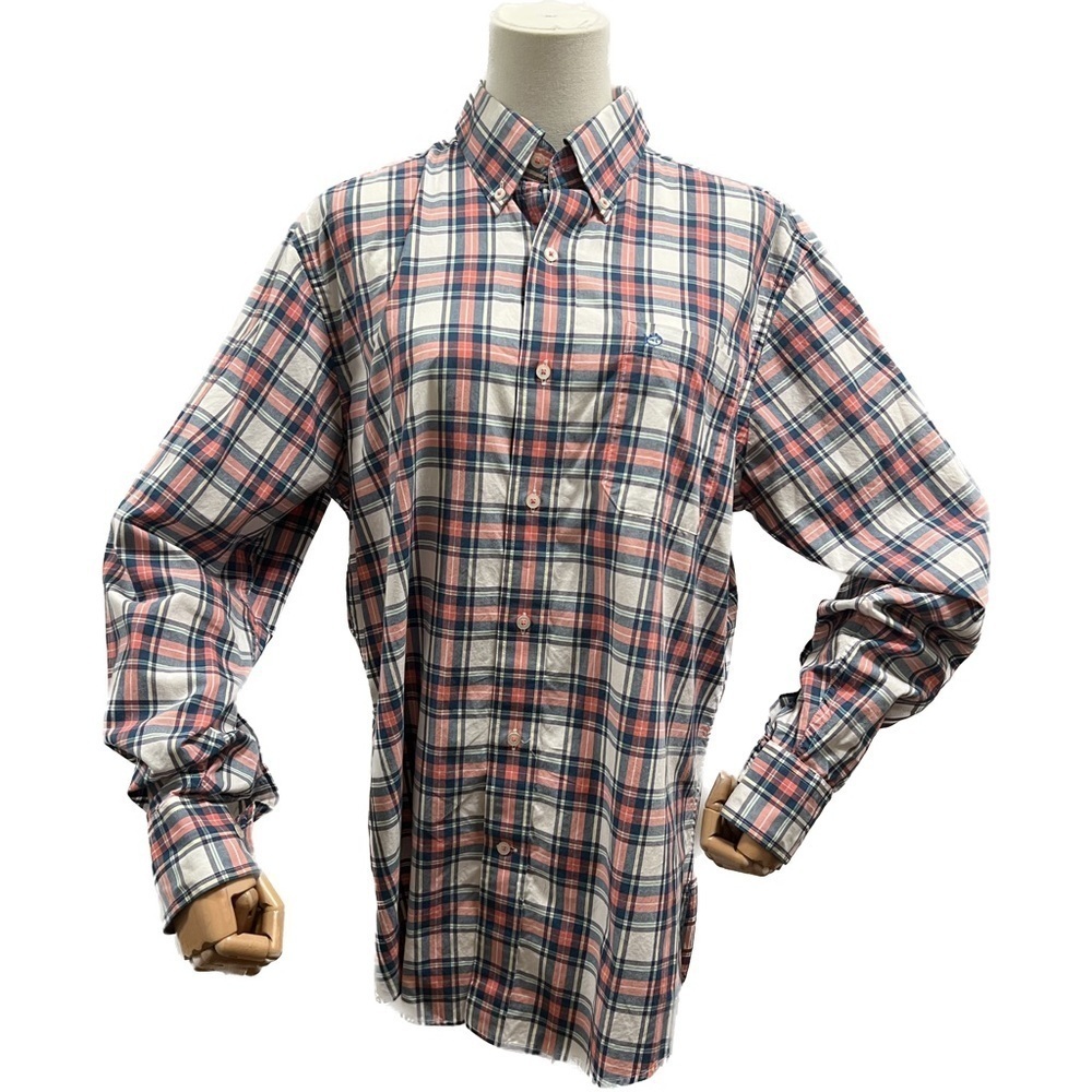 Southern tide button-down 100% cotton, red blue white salmon check casual preppy